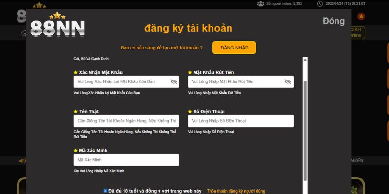 đăng ký 88nn Điền đầy đủ thông tin